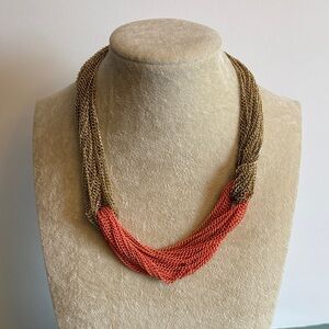 Coral Gold Multi Strand Mesh Chain Statement Necklace Unsigned 💎